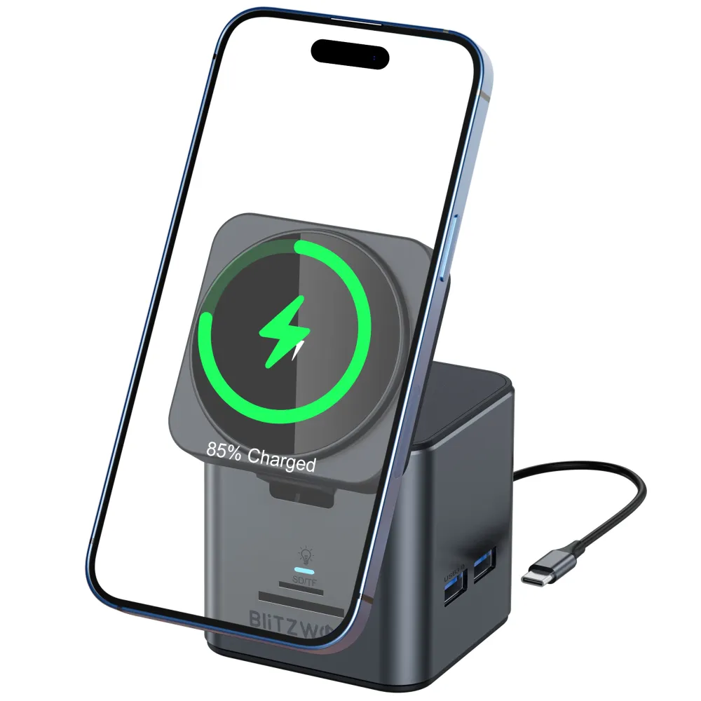 BlitzWolf BW-TH17 9 in 1 Typ-C Dockingstation Magnetisches 15W kabelloses Ladegerät Ständer USB-C HUB mit USB3.0*3 HD 4K@30Hz Gigabit RJ45 SD/TF-Kartensteckplatz PD 100W