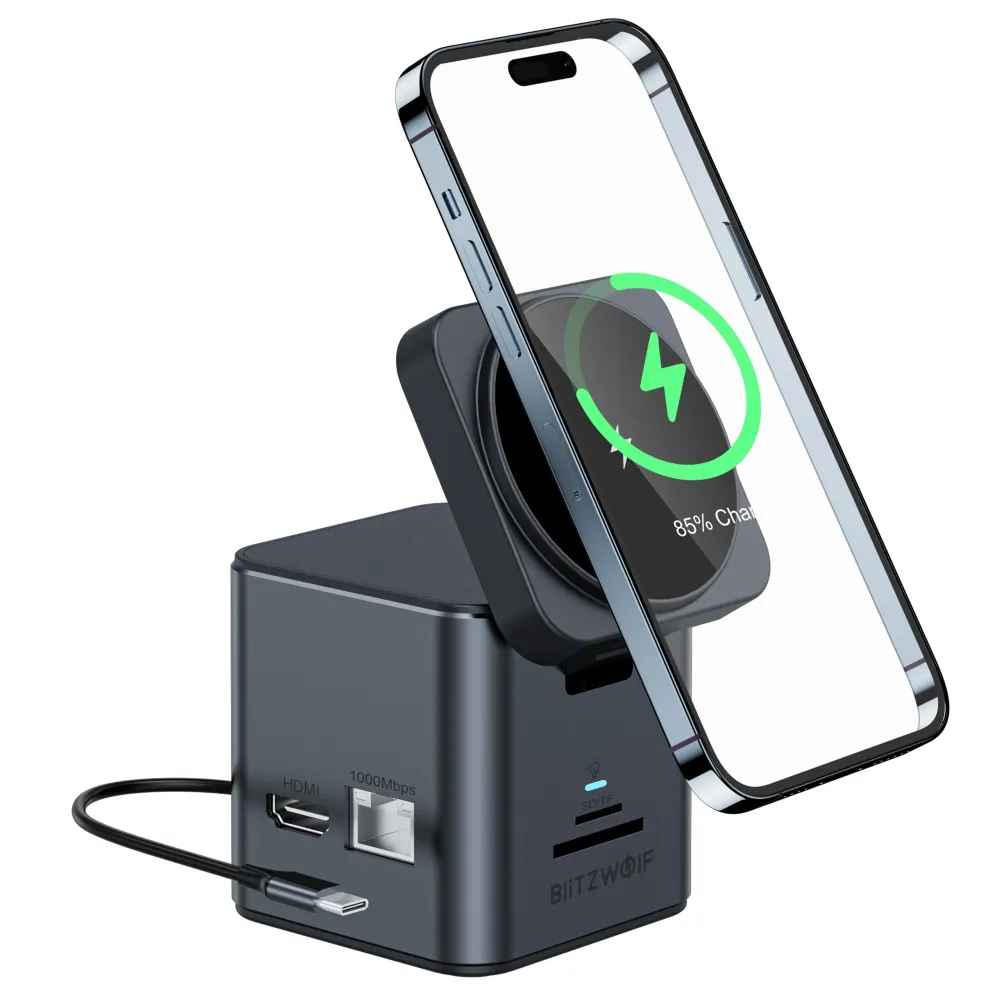 BlitzWolf BW-TH17 9 in 1 Typ-C Dockingstation Magnetisches 15W kabelloses Ladegerät Ständer USB-C HUB mit USB3.0*3 HD 4K@30Hz Gigabit RJ45 SD/TF-Kartensteckplatz PD 100W