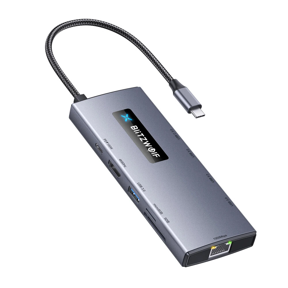 BlitzWolf® BW-NEW TH8 10-in-1 Type-C HUB mit Type-C PD 100W Power Delivery, USB3.0 Type-C 3.0, SD- & TF-Kartensteckplatz, RJ45 1000Mbps und 4K@60HZ-Videoausgang