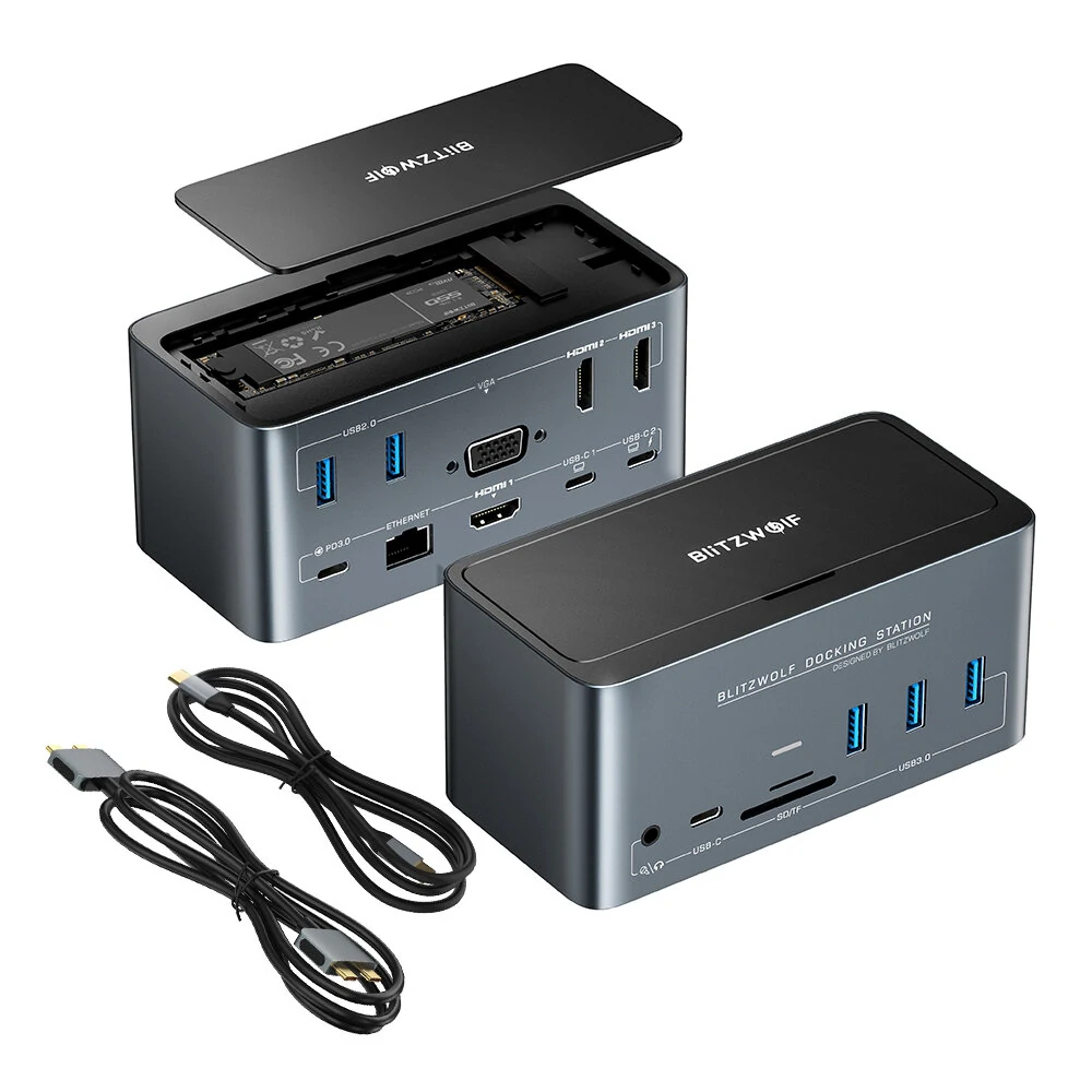 BlitzWolf® BW-TH13 18-in-1 USB C Dockingstation mit M.2 SSD-Gehäuse Vierfach-Display SD/TF-Kartensteckplatz RJ45-Ethernet-Anschluss 100W Power Delivery