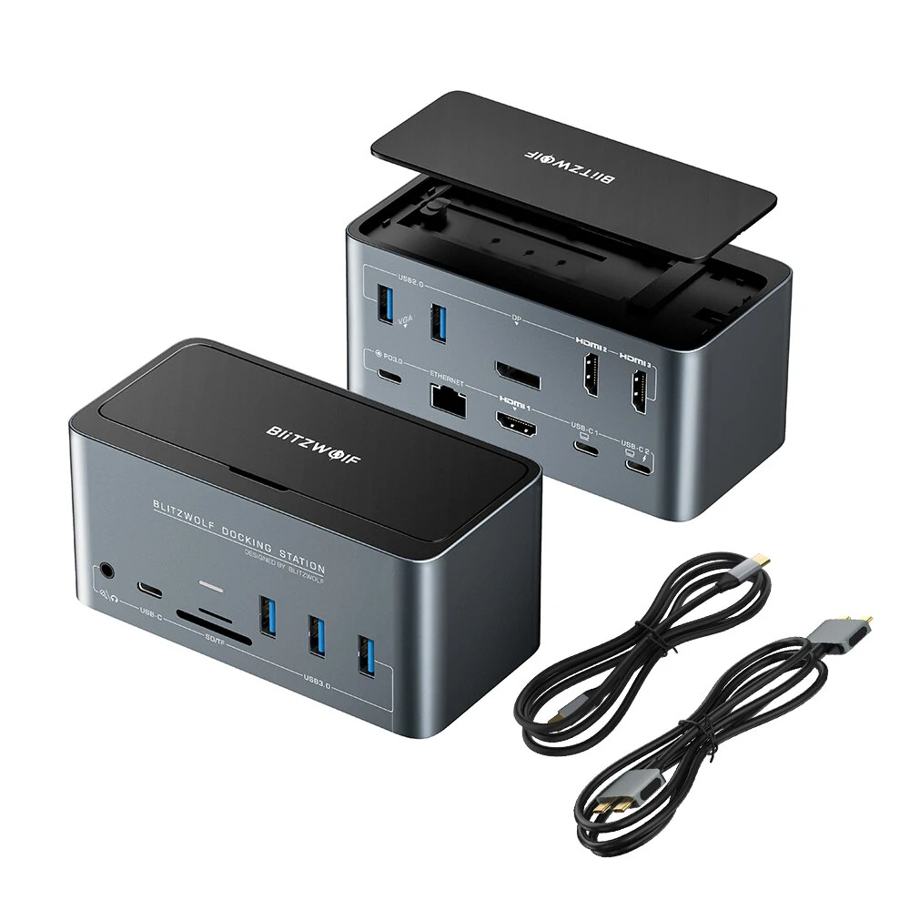 BlitzWolf® BW-TH13 18-in-1 USB C Dockingstation mit M.2 SSD-Gehäuse Vierfach-Display SD/TF-Kartensteckplatz RJ45-Ethernet-Anschluss 100W Power Delivery