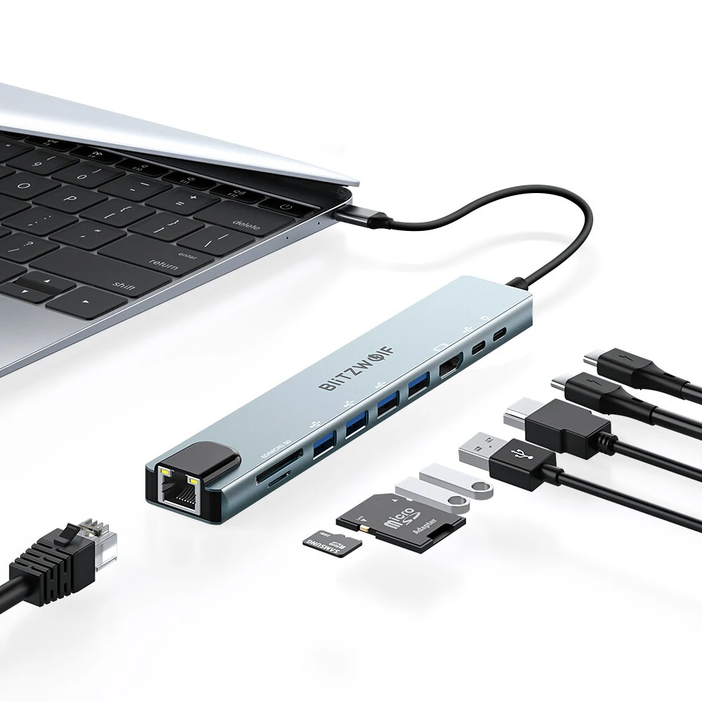 [3Pcs] BlitzWolf® BW-NEW TH5 10 in 1 USB-Hubs mit HD 4K@30Hz USB3.0 / USB2.0 / Type-C 2.0 / RJ45 Ethernet / 100W PD-Laden / SD TF-Kartensteckplätze Dockingstation für Apple Huawei Laptops Macbook