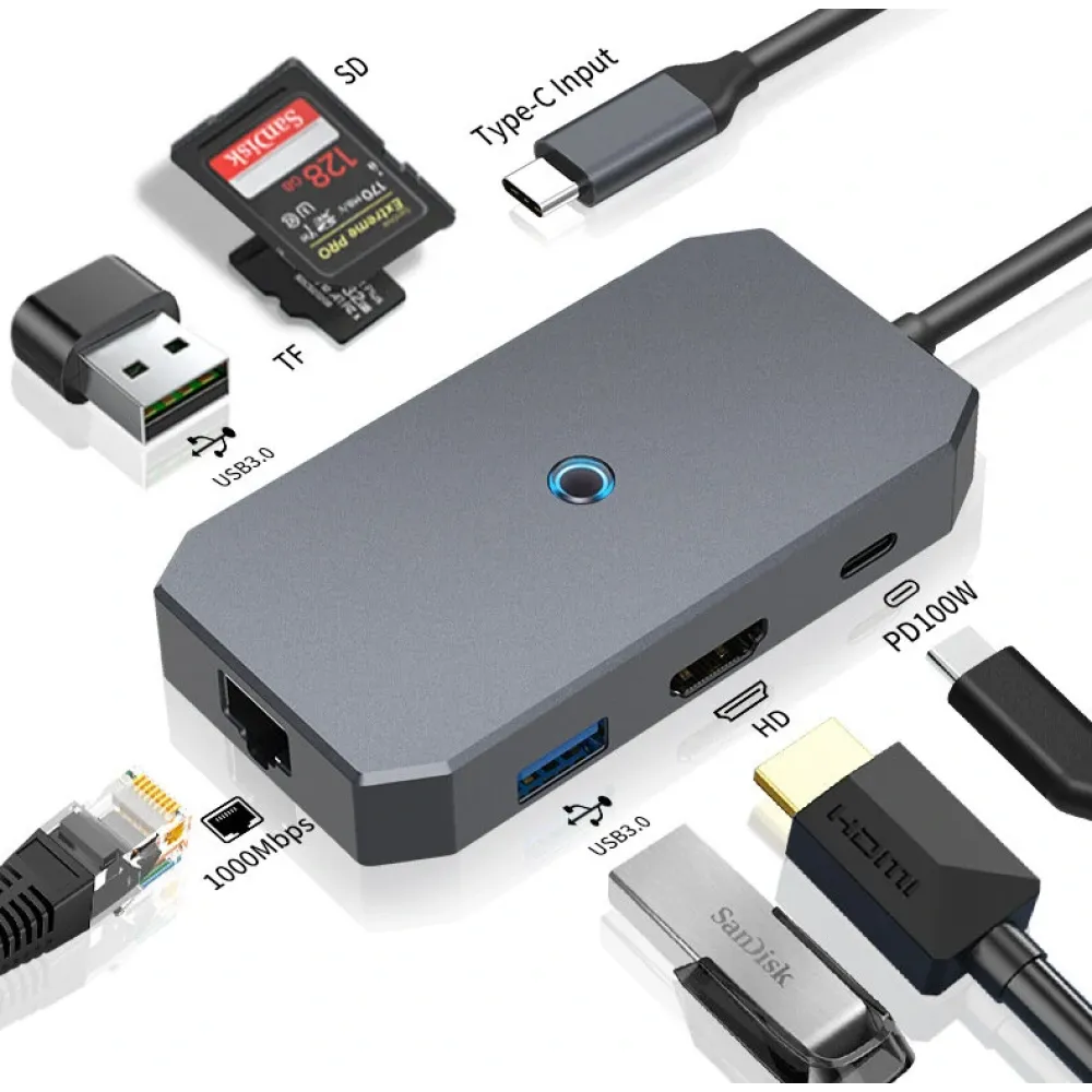 Bakeey 7-in-1 Typ-C Dockingstation USB Hub mit USB3.0*2 PD100W Typ-C Gigabit Ethernet SD/TF Kartenleser 4K@60Hz HD-kompatible Multiport-Hubs