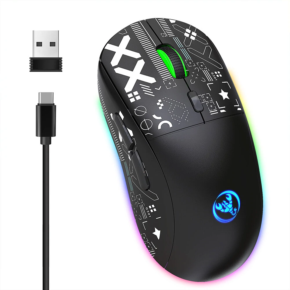 Drahtlose Gamer-Maus HXSJ T90 2.4G Triple Mode mit einstellbarer Auflösung bis zu 800-3600DPI. Verfügt über anpassbare RGB-Hintergrundbeleuchtung und wiederaufladbaren 750mAh-Akku mit Type-C-Anschluss. Ideal für Gamer.