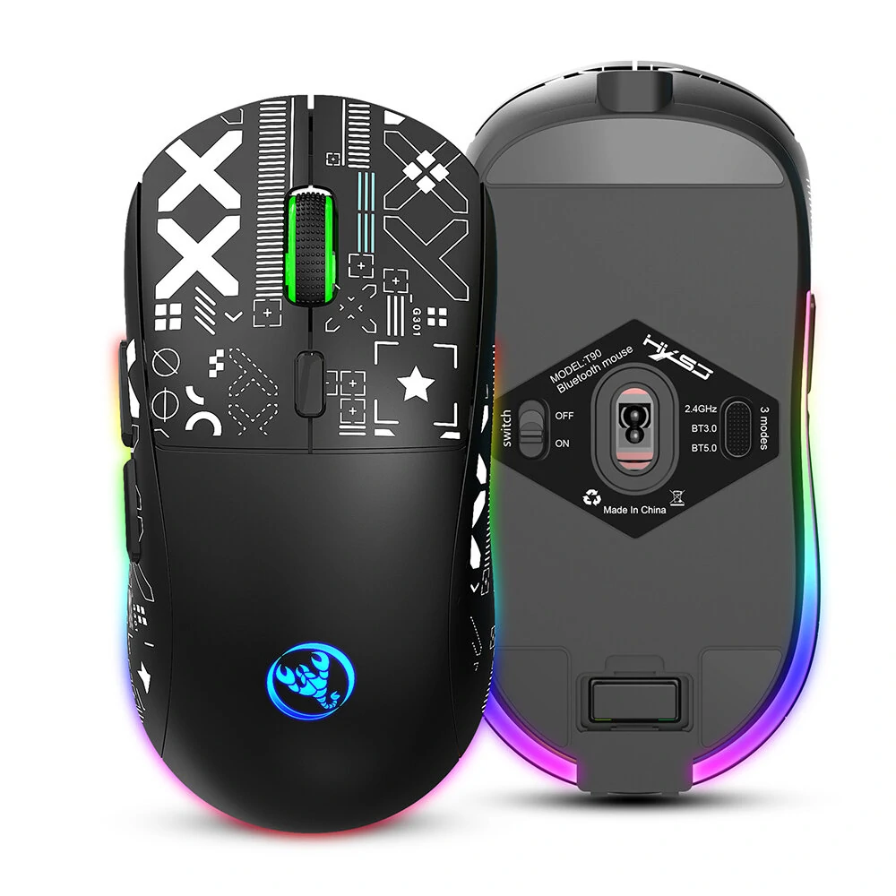 Drahtlose Gamer-Maus HXSJ T90 2.4G Triple Mode mit einstellbarer Auflösung bis zu 800-3600DPI. Verfügt über anpassbare RGB-Hintergrundbeleuchtung und wiederaufladbaren 750mAh-Akku mit Type-C-Anschluss. Ideal für Gamer.