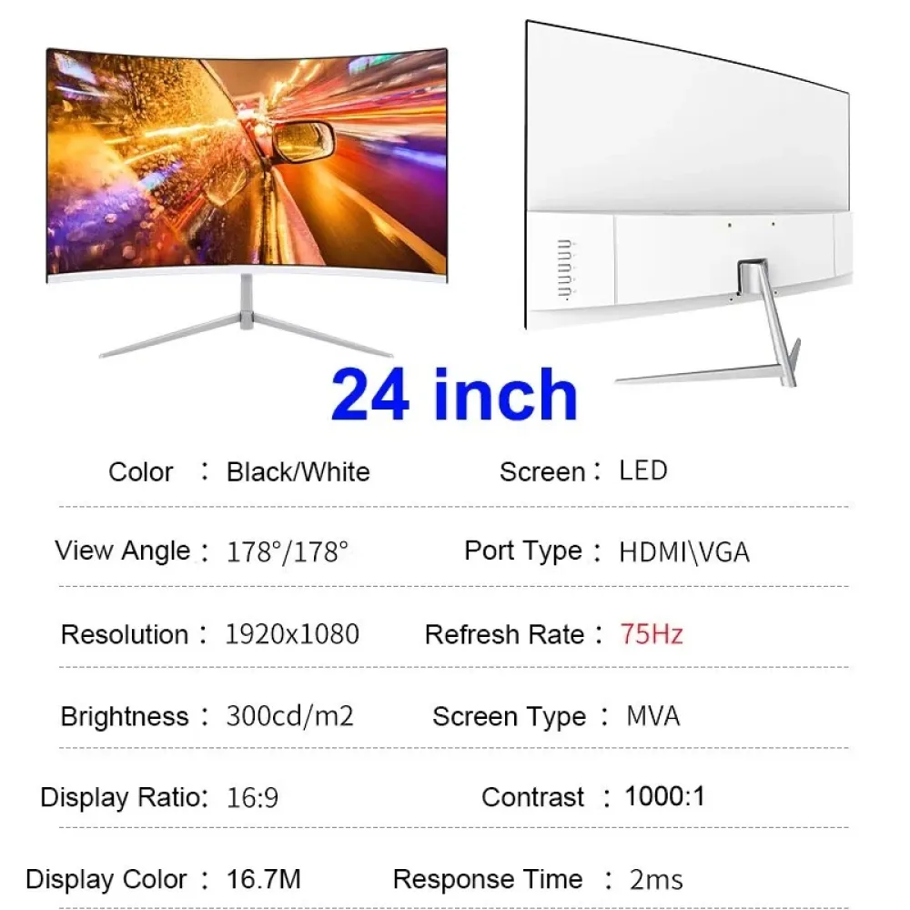 Für Black Myth: WuKong FYHXele 24/27 Zoll Gebogener 75Hz Gaming Monitor MVA FHD 1080P Computerdisplay 2800R HDMI/VGA DCR Augenschutz VESA 100*100 2ms Reaktionszeit