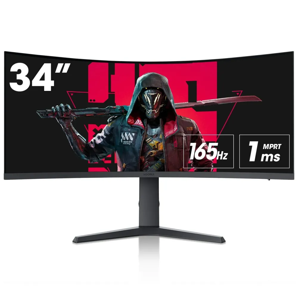 KOORUI 34-Zoll-Ultrawide-Curved-Gaming-Monitor-PC-Bildschirm 165Hz 1MS 1000R WQHD 3440x1440P VA Adaptive Sync 2xHDMI 100Hz und DisPort 165Hz VESA 75 x 75 mm DCl-P3 90% höhenverstellbar