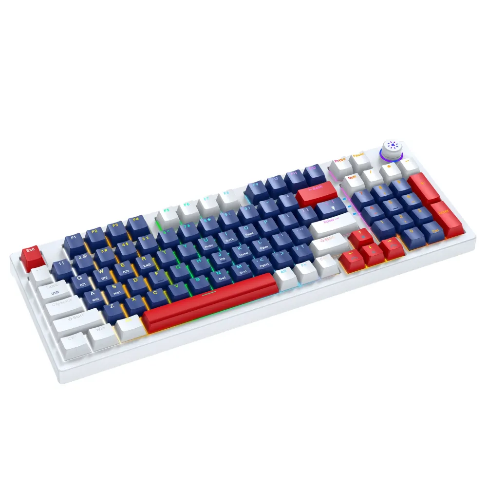 LEAVEN H96 96-Tasten mechanische Gaming-Tastatur mit Dreimodus, Multimedia-Regler, Hot-Swappable RGB-Beleuchtung, verbesserter Struktur, 2.4G/BT5.1/Typ-C kabelgebundene E-Sport Gaming-Tastatur.