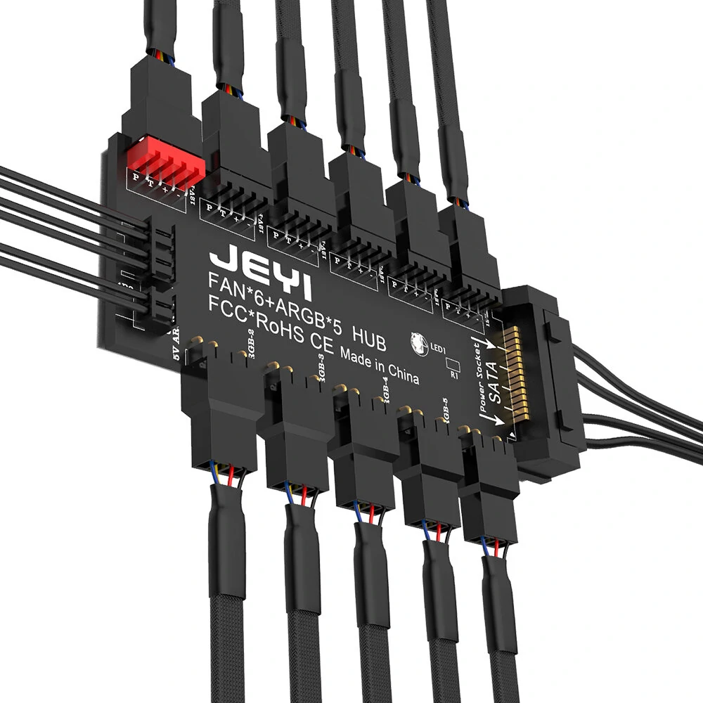 JEYI ARGB PWM 5-Wege-Lüfter-Hub 12V 4Pin PWM & 5V 3Pin ARGB 2 in 1 Hub RGB Fan RGB Strip Splitter