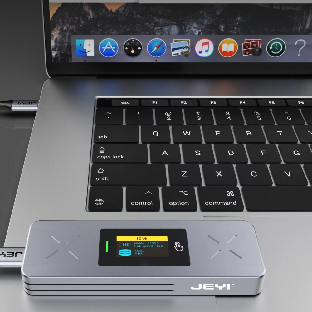 JEYI i9X Smart Display M.2 Dual Protocol SSD Gehäuse mit USB 3.2 Gen 2 10 Gbit/s, unterstützt M.2 NVMe SATA SSDs mit M-Key B +M Key UASP Trim.