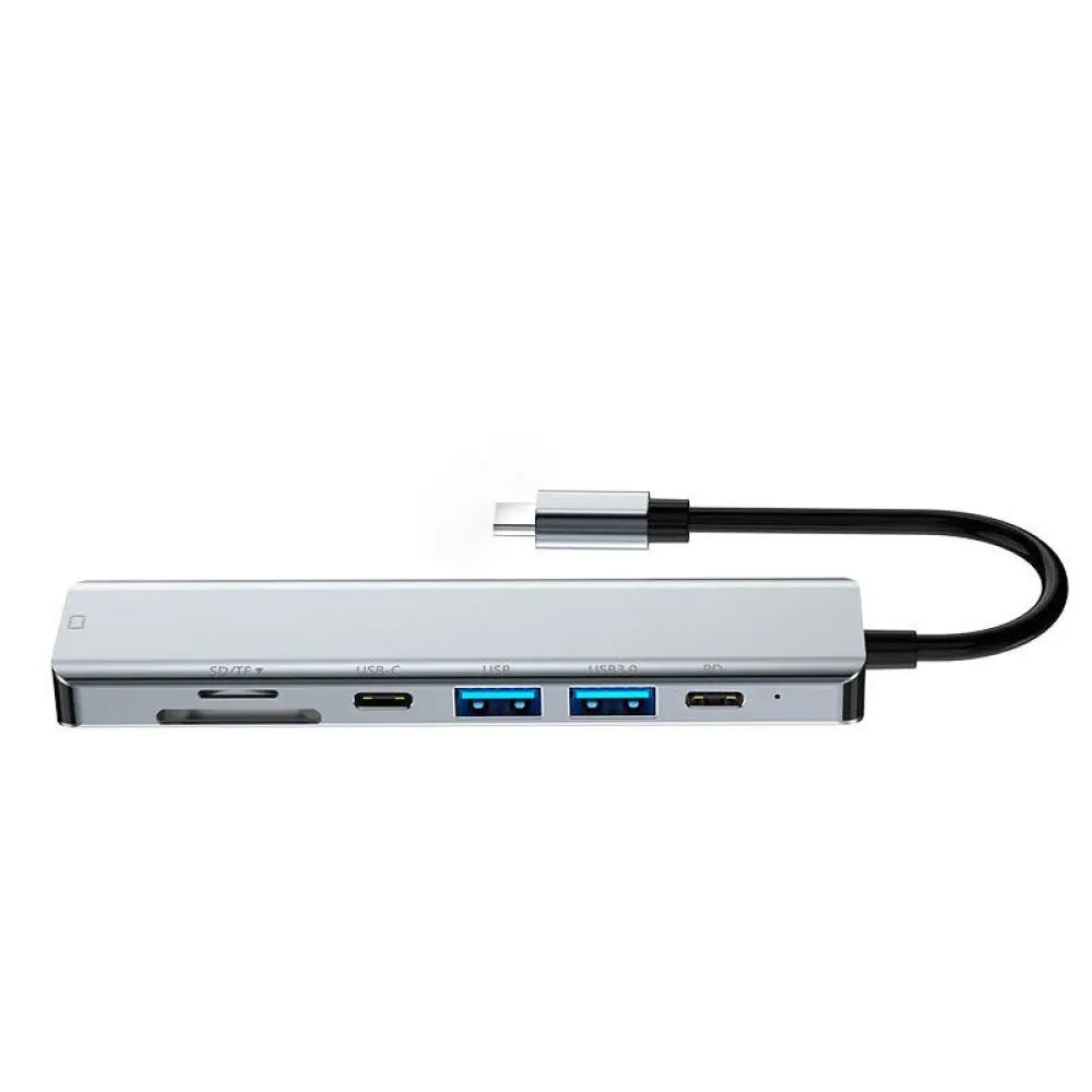 Basix 7-in-1 Typ-C Dockingstation USB-C Hub Splitter Adapter mit USB3.0*2 USB-C Daten PD87W USB-C 4K@30Hz HDMI SD/TF Kartenleser Mehrfach-Hub für PC, Laptop und Telefon