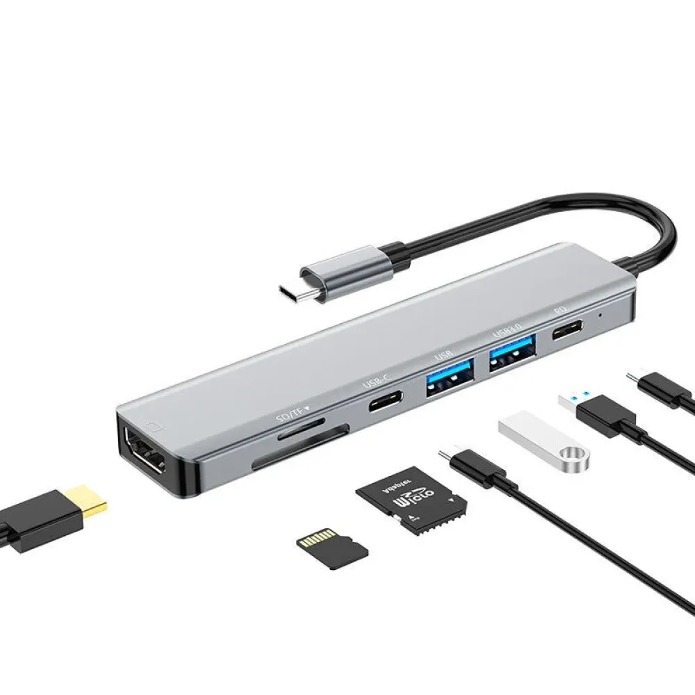 Basix 7-in-1 Typ-C Dockingstation USB-C Hub Splitter Adapter mit USB3.0*2 USB-C Daten PD87W USB-C 4K@30Hz HDMI SD/TF Kartenleser Mehrfach-Hub für PC, Laptop und Telefon