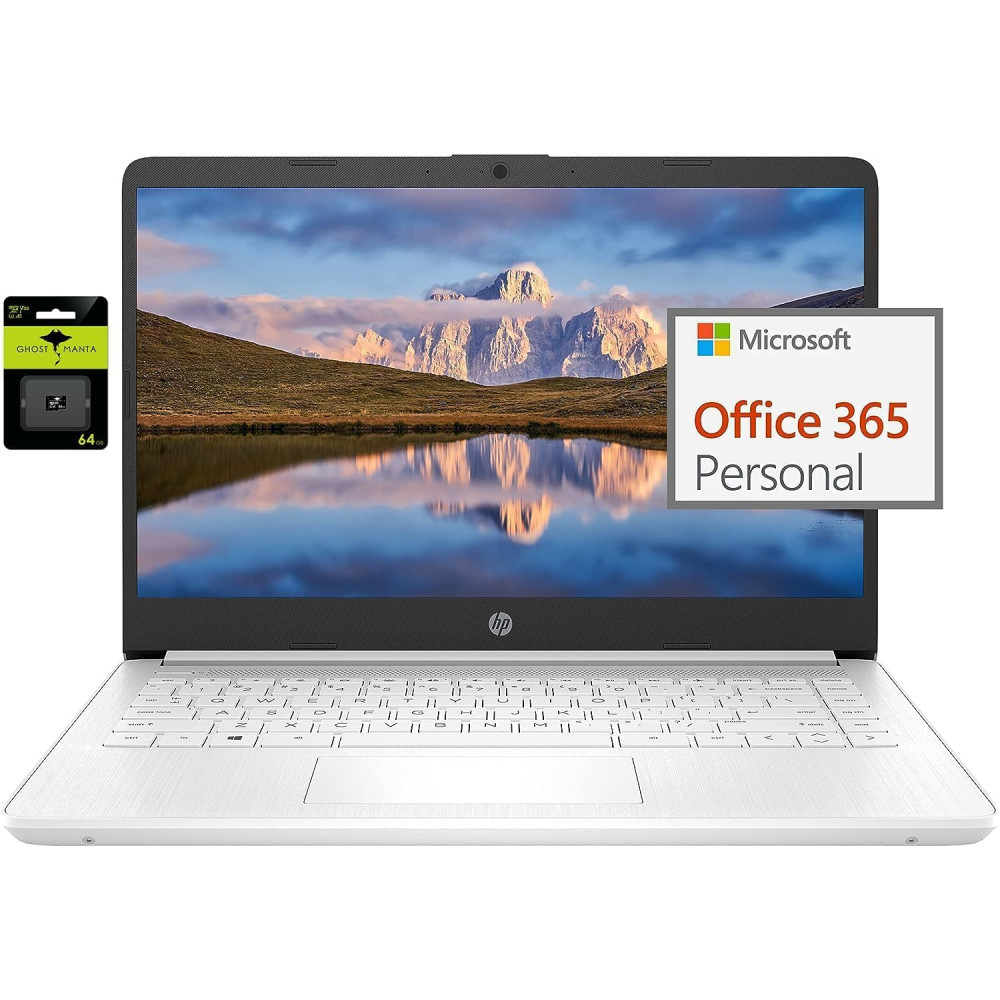 HP Newest 14" Ultral Light Laptop for Students and Business, Intel Quad-Core N4120, 16GB RAM, 128GB Storage(64GB eMMC+64GB Ghost Manta SD), 1 Year Office 365, Webcam, HDMI, WiFi, USB-A&C, Win 11 S