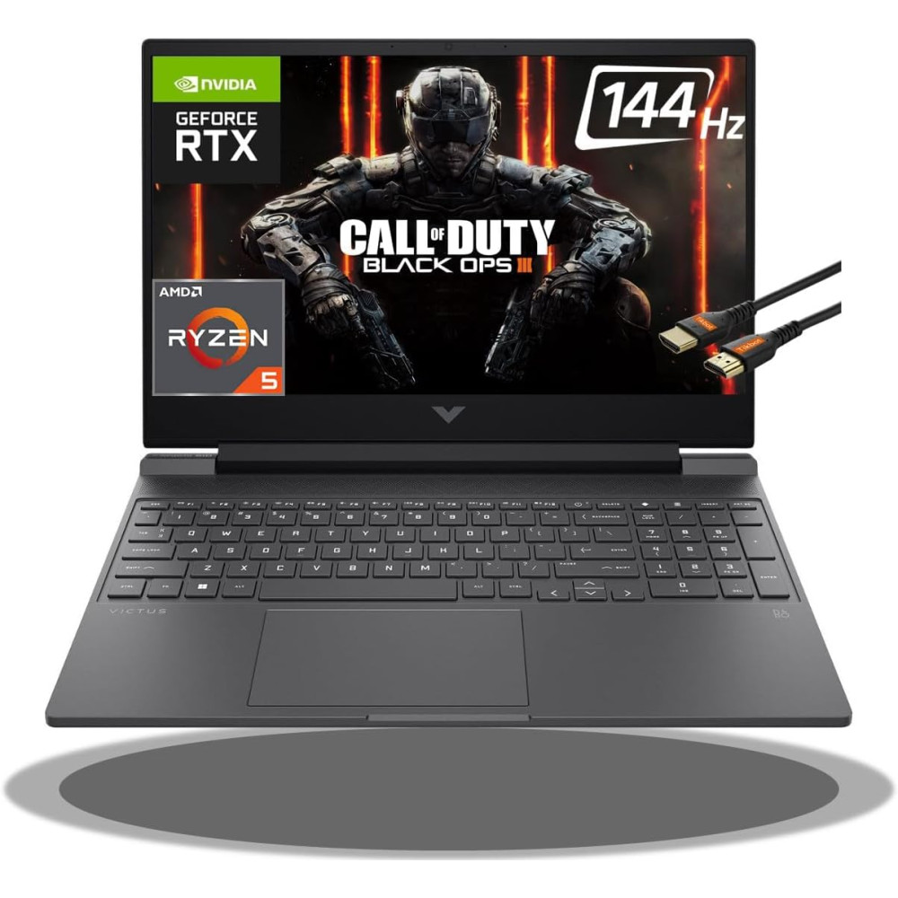 HP Victus 15 Gaming Laptop 15.6" FHD IPS 144Hz AMD 7000 Ryzen 5 7535HS (Beats i7-11800H) GeForce RTX 2050 4GB Graphic Backlit USB-C B&O Win11 Black + HDMI Cable (8GB RAM | 512GB PCIe SSD)