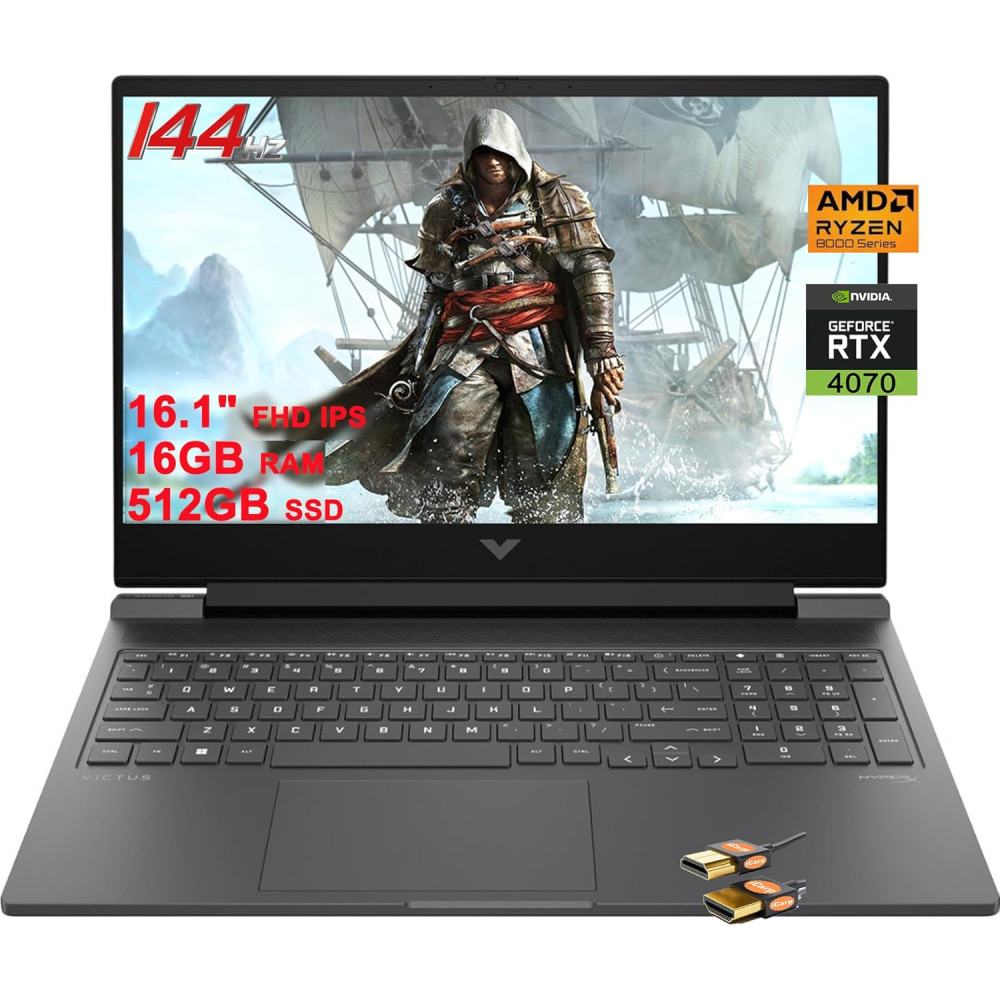 HP Victus 16 Gaming Laptop 16.1" FHD IPS 144Hz AMD 8-Core Zen 4 Ryzen 7 8845HS (Beats i7-12700H) 16GB RAM 512GB SSD GeForce RTX 4070 Graphic Backlit USB-C FHD Privacy Camera Win11 Black + HDMI Cable