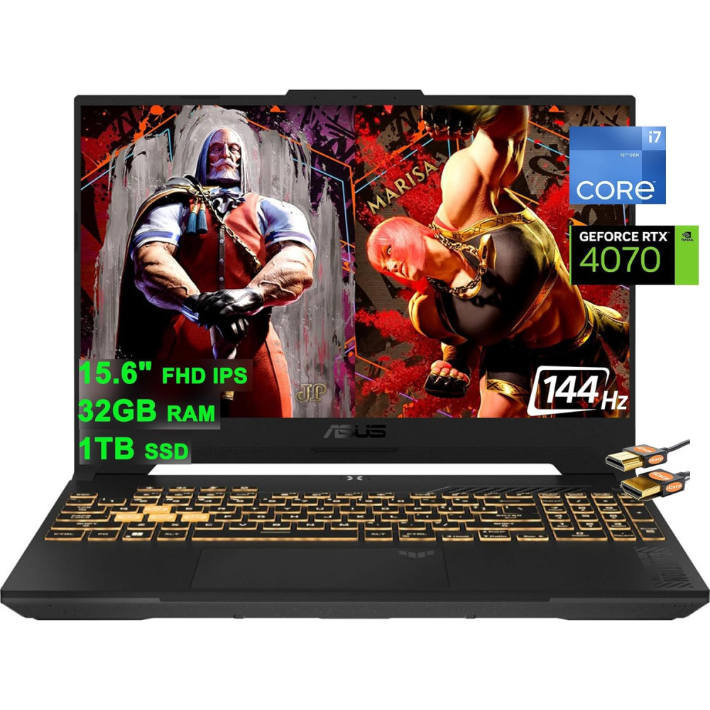 Asus TUF F15 Gaming Laptop 39.6 cm FHD 144Hz Intel 14-Core i7-12700H (Beat i9-11950H) 32GB RAM 1TB SSD GeForce RTX 4070 8GB Graphic Backlit Thunderbolt 4 USB-C Win11 Grey + HDMI Cable