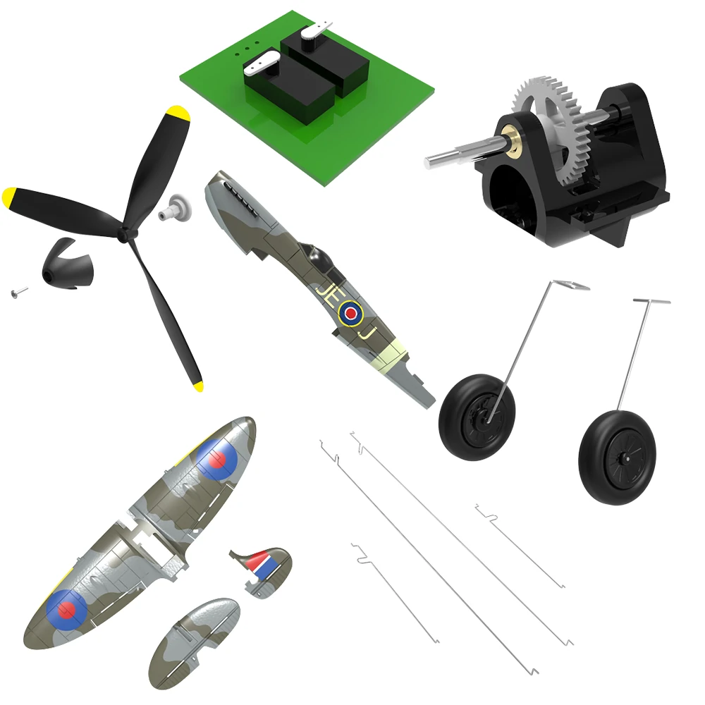 Originale Ersatzteile und Zubehör für das RC-Flugzeug Eachine Spitfire 400mm. Enthält Propeller, Empfänger, Fahrwerk, Getriebe, Rumpf und Hauptflügel.