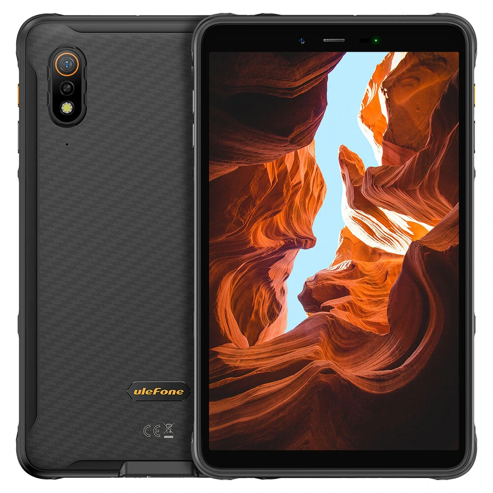 Robustes Tablet Ulefone Armor Pad mit MediaTek Helio G25 Octa Kern-Prozessor, 4GB RAM, 64GB internem Speicher, 4G LTE, 8,0-Zoll-Display, Android 12-Betriebssystem, IP68/IP69K-Schutz und Fingerabdrucksensor.