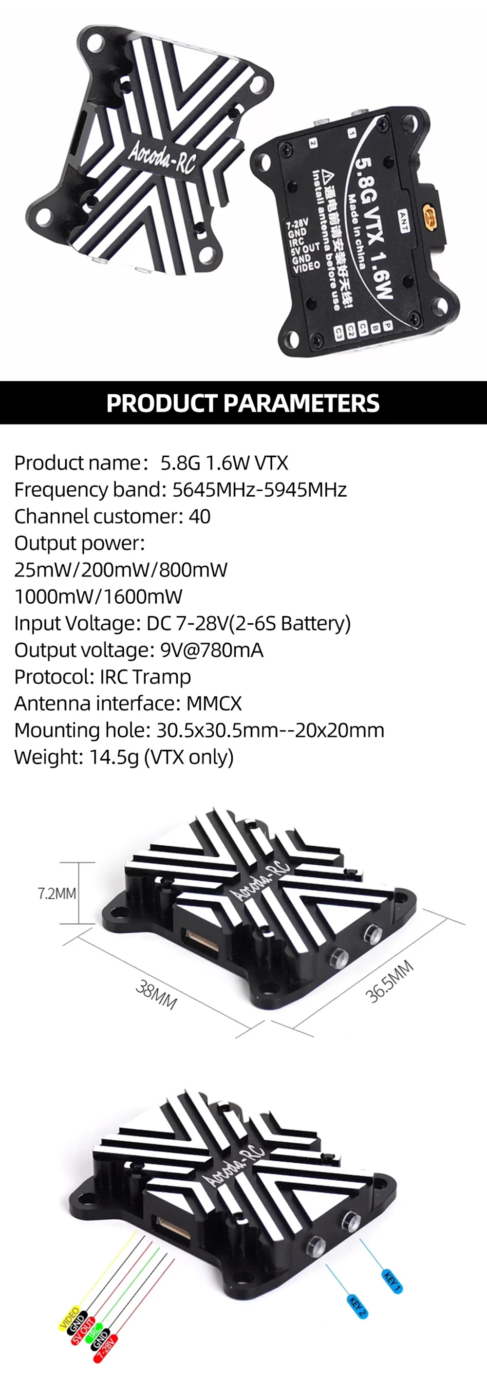 Aocoda-RC-58G-16W-VTX-Analog-3016-40CH-2520080010001600mW-Einstellbarer-VTX-Sender-fuumlr-RC-FPV-Lan-2018190-1