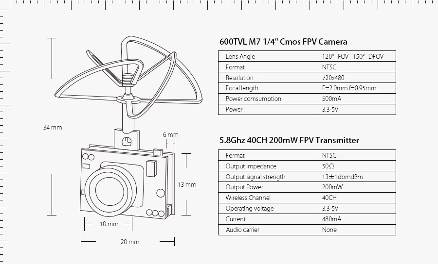 Eachine-TX02-FPV-Sender-NTSC-Super-Mini-AIO-58G-40CH-200mW-VTX-600TVL-14-Cmos-Kamera-fuumlr-RC-Drohn-1088368-3