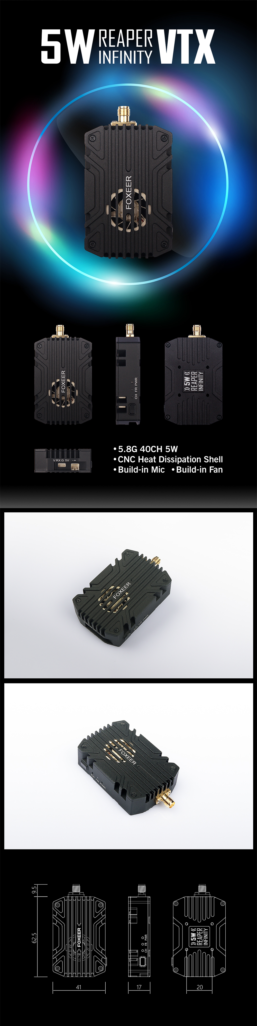 Foxeer-Reaper-Infinite-58GHz-40CH-5W-Pit-Modus25mW500mW1500mW3000mW5000mW-FPV-Sender-VTX-fuumlr-RC-D-1995382-1