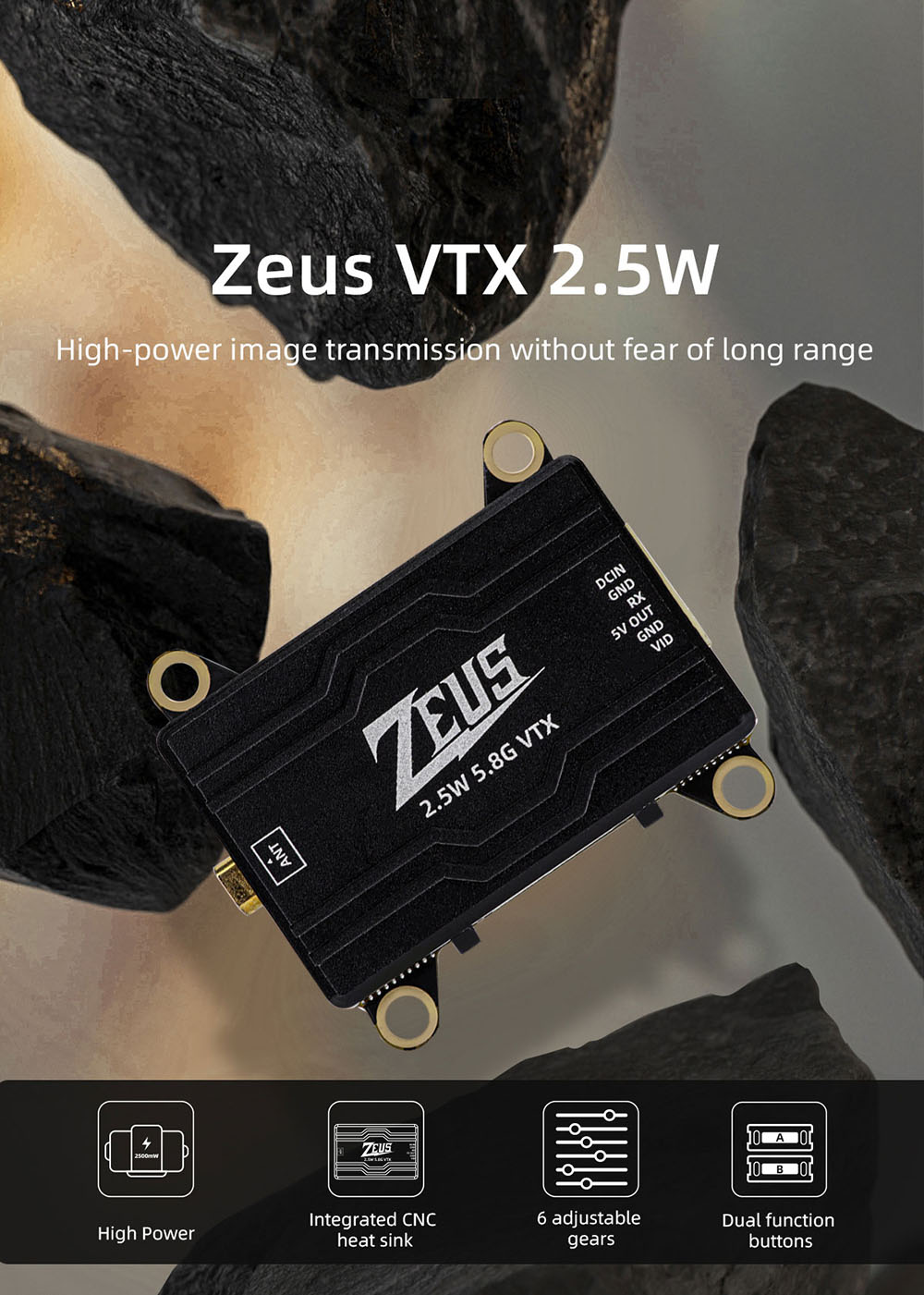 HGLRC-ZEUS-VTX-58-GHz-40CH-PIT--2520080016002500mW-25W-MMCX-FPV-Sender-fuumlr-RC-Drone-Long-Range-DI-2002710-1