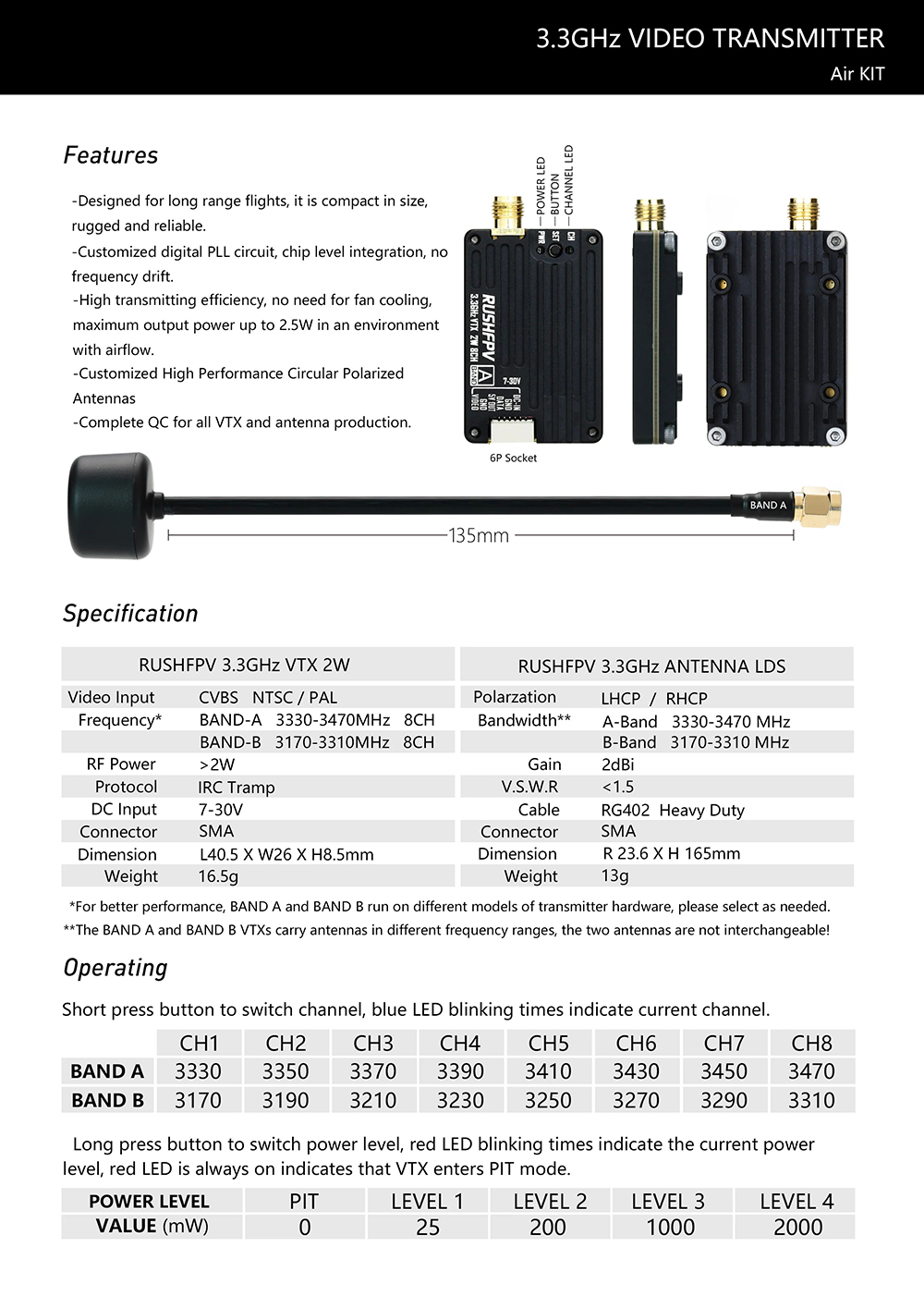 RUSHFPV-33-GHz-2W-8CH-Video-Sender-mit-kreisfoumlrmig-polarisiertem-Antenne-fuumlr-Langstreckenfluum-2017928-1